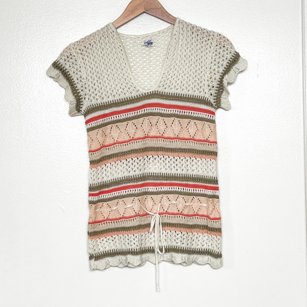 Vintage open knit lace v-neck crop sleeve  top drop waist tie  stripe size Sm